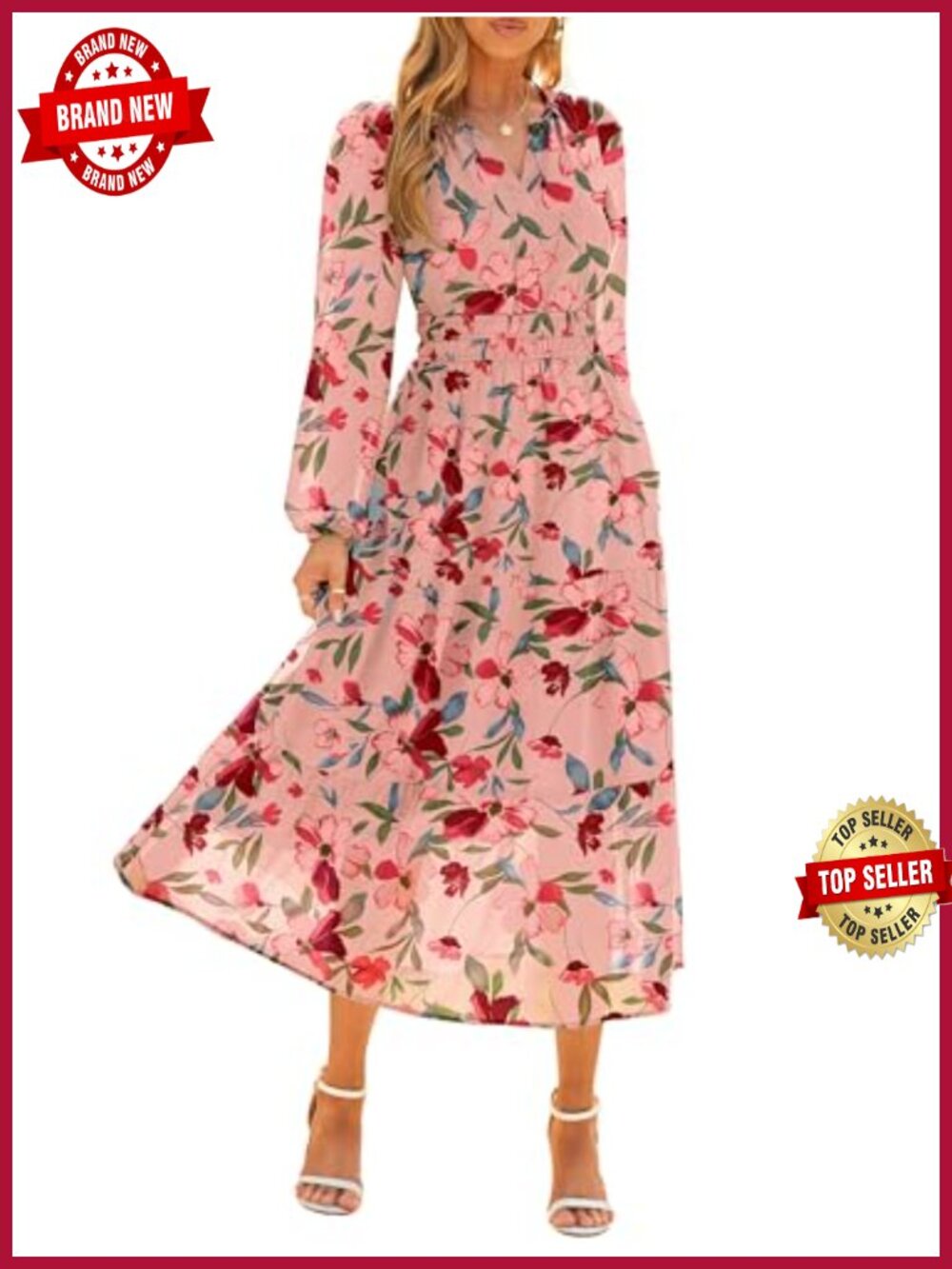 Women's Floral Boho Long Sleeve Maxi Dress V Neck Empire Waist Flowy